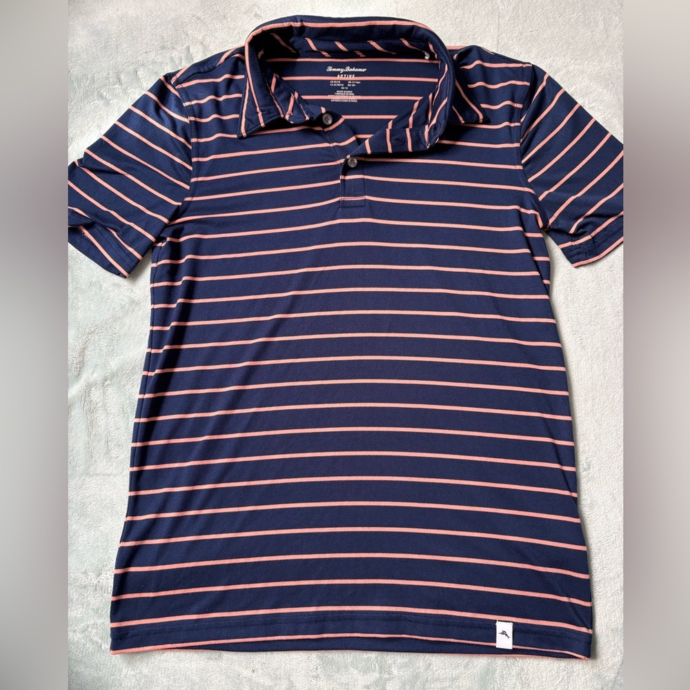 Tommy Bahama Navy Polo with Pink Stripes